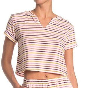 LUSH Terry Stripe Notched Crop Tee T-shirt M Rainbow T27